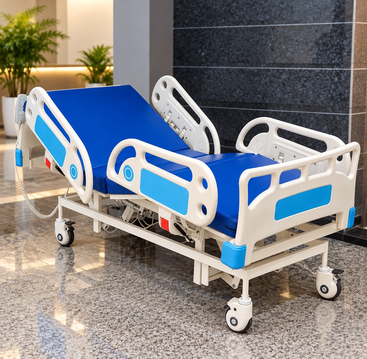Electric ICU hospital bed set up in a home-care room