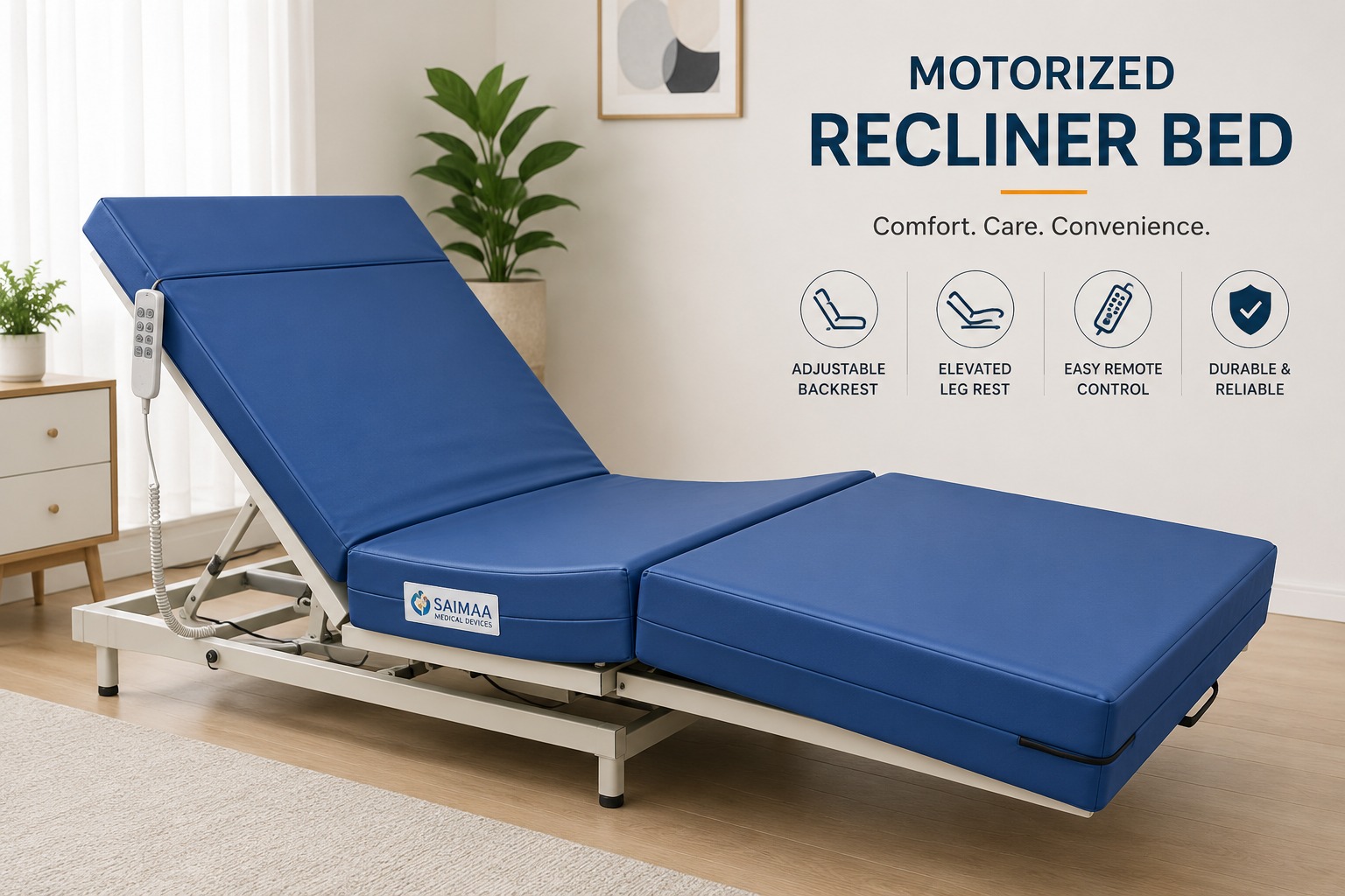 Saimaa Motorized Recliner Patient Bed with remote control in a home room
